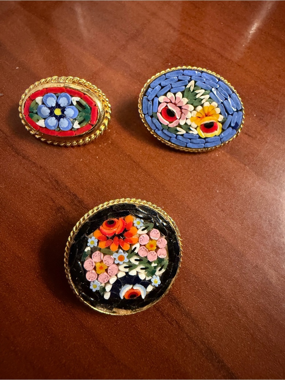 Vintage Micromosaic Brooches Three-Piece Set, Rome Souvenir
